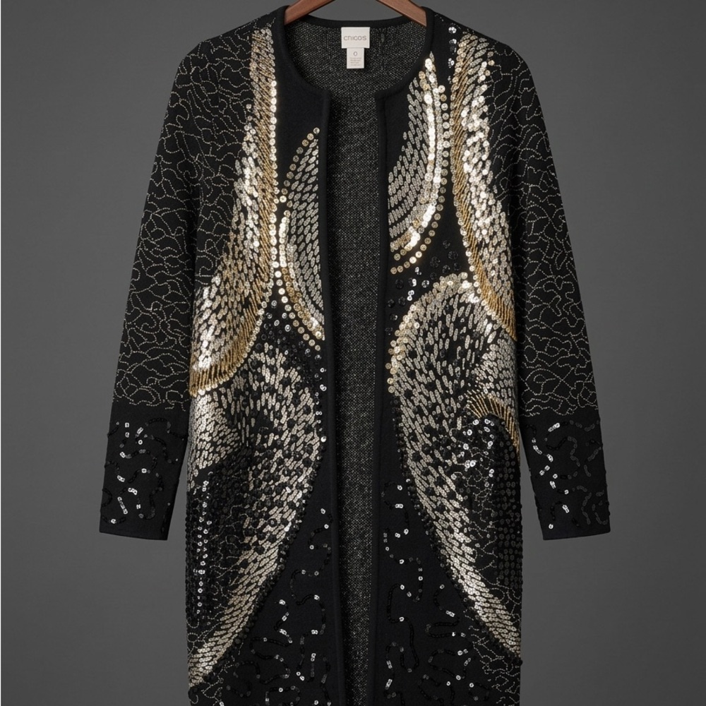 Chicos Black Sequin Long Cardigan